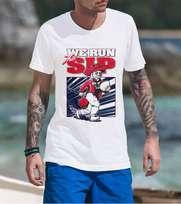 We Run The Sip Ole Miss Rebels Football Mascot Running With Ball T-Shirt