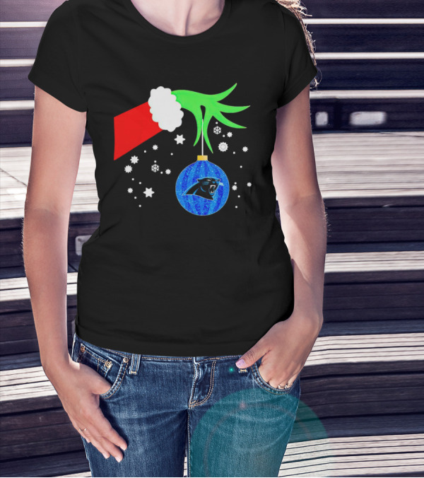 The Grinch Holding Carolina Panthers Christmas Ornament With Snowflakes T-Shirt
