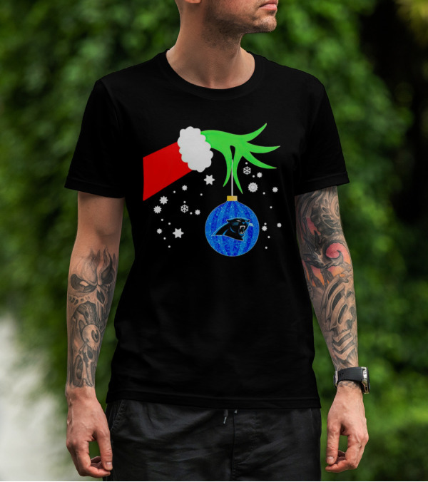 The Grinch Holding Carolina Panthers Christmas Ornament With Snowflakes T-Shirt