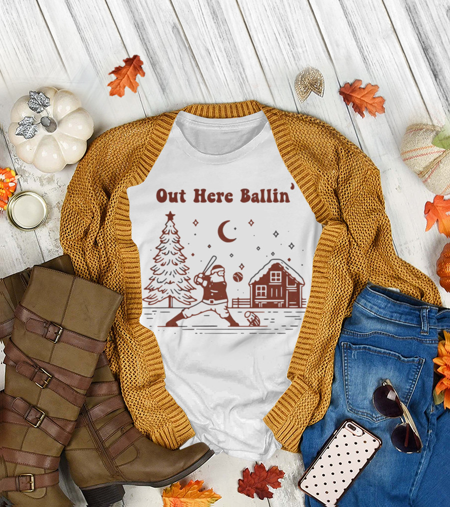 Out Here Ballin' Santa Playing Baseball Christmas Scene T-Shirt