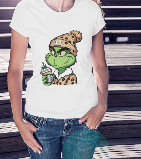 Grinch Boujee Leopard Coffee Cozy Winter T-Shirt