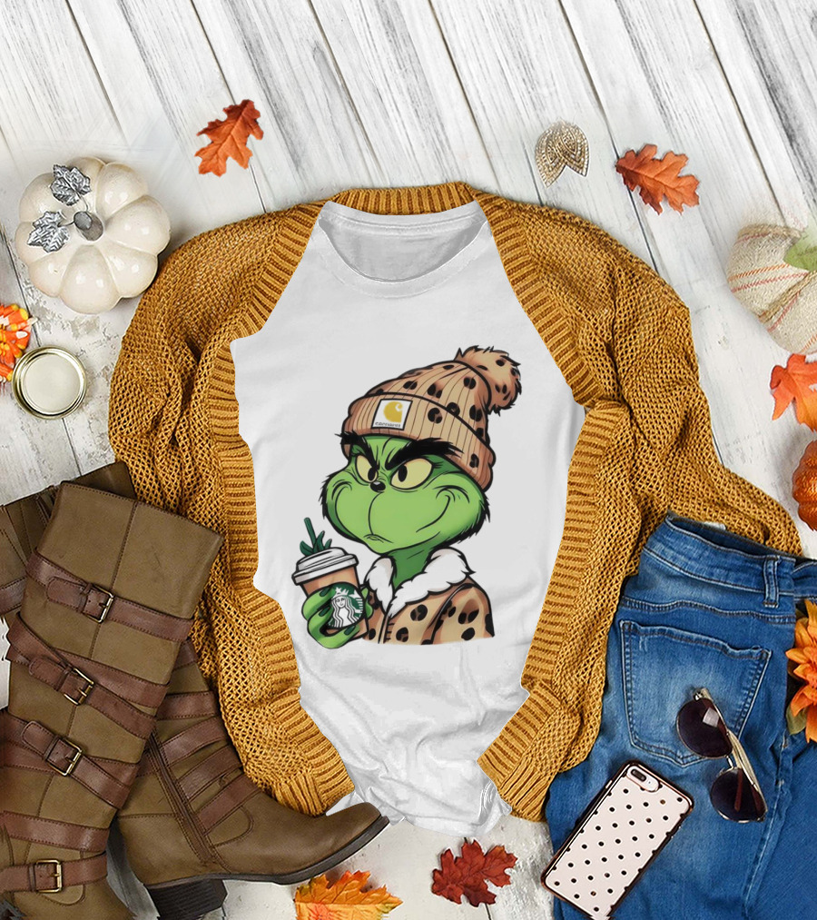 Grinch Boujee Leopard Coffee Cozy Winter T-Shirt