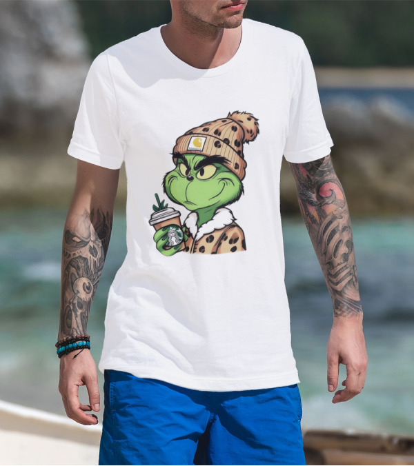 Grinch Boujee Leopard Coffee Cozy Winter T-Shirt