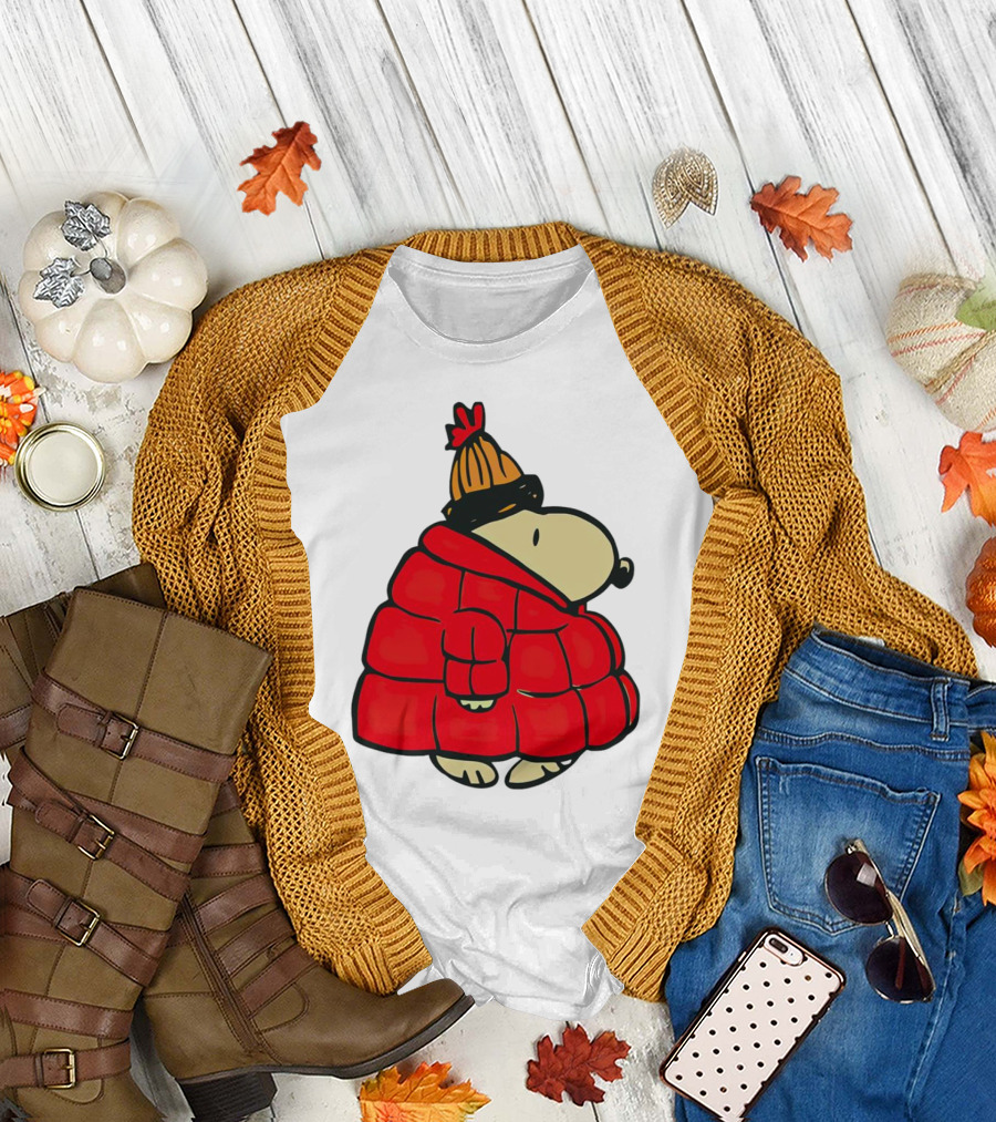 Snopy Puffer Coat Winter Christmas Beanie T-Shirt