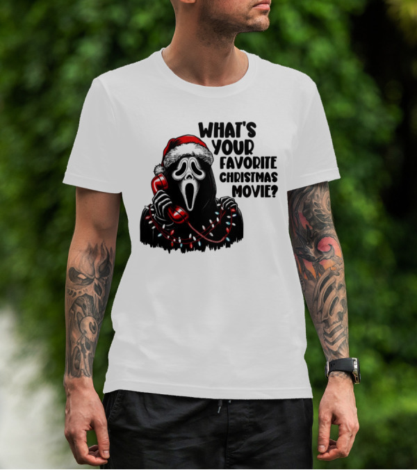 Ghostface What's Your Favorite Christmas Movie Festive Horror Santa Hat Phone Lights T-Shirt