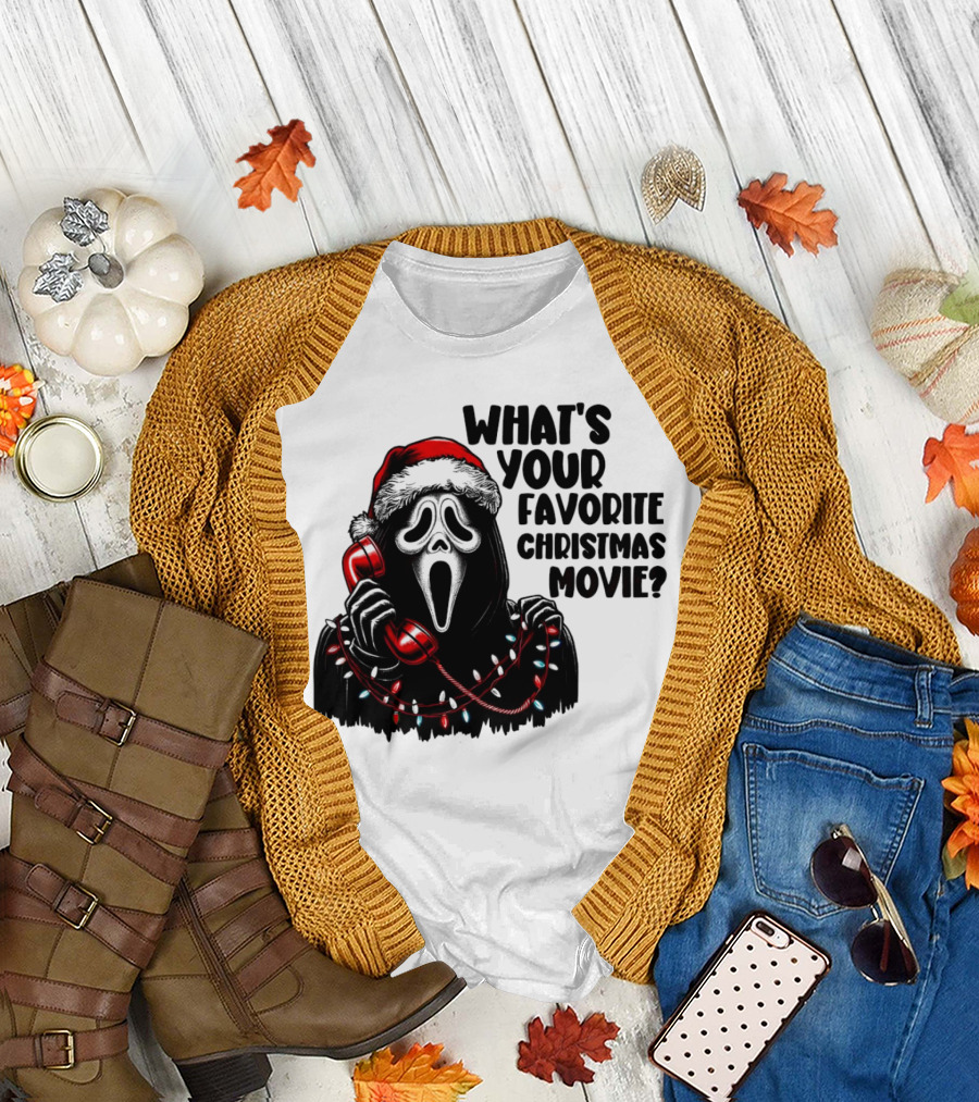 Ghostface What's Your Favorite Christmas Movie Festive Horror Santa Hat Phone Lights T-Shirt