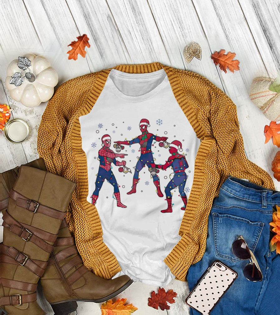 Funny Marvel Three Spiderman Meme Santa Christmas Lights Snowflakes T-Shirt