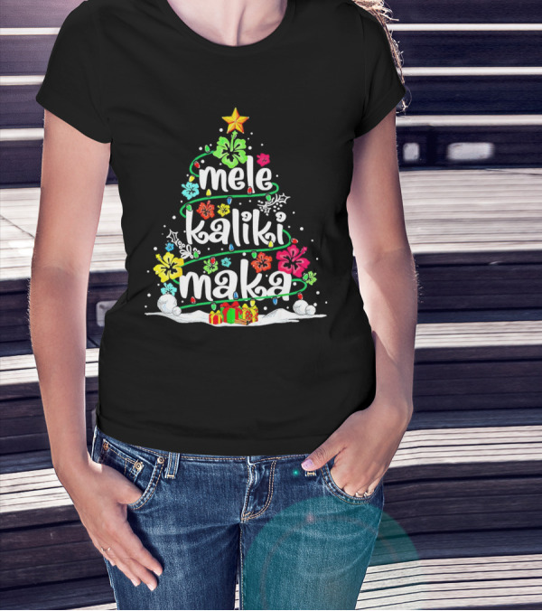 Mele Kalikimaka Christmas Tree With Flowers And Gifts T-Shirt
