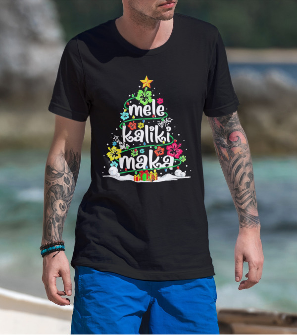 Mele Kalikimaka Christmas Tree With Flowers And Gifts T-Shirt