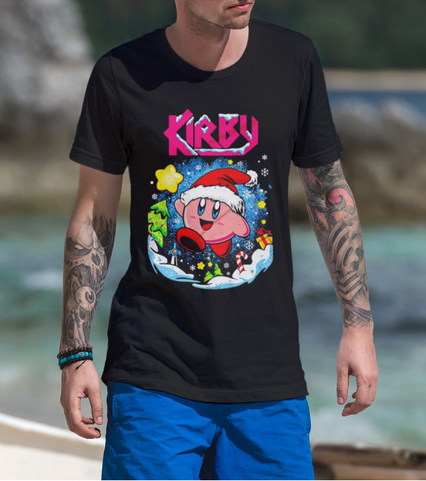 Kirby Holiday Snow Adventure With Kreator Style Santa Hat And Winter Delights T-Shirt