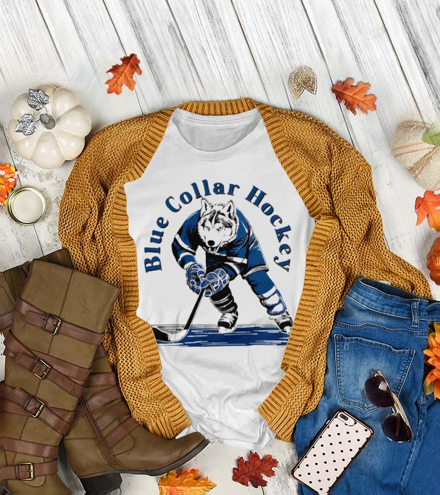 Blue Collar Hockey Wolf Player in Action T-Shirt
