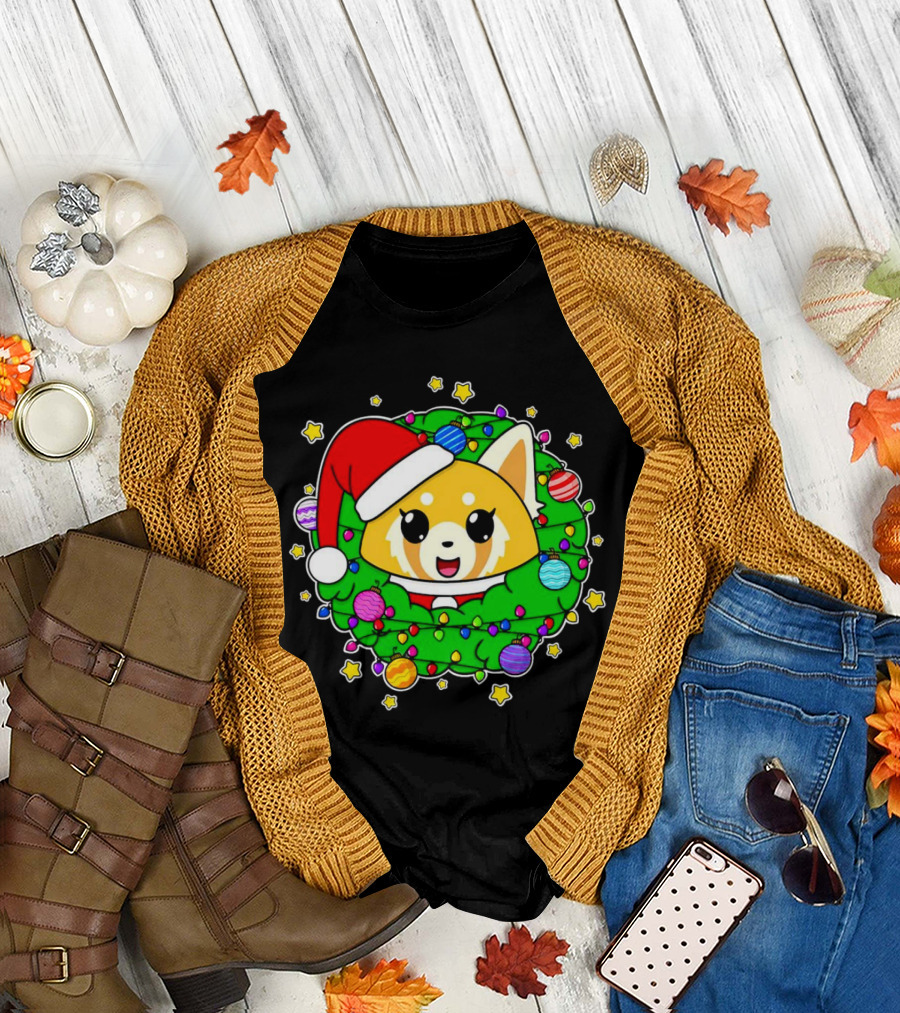 Aggressively Merry Christmas Kawaii Red Panda with Santa Hat in Holiday Wreath T-Shirt