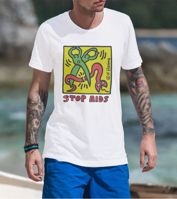 Keith Haring Stop Aids Scissors Cutting Snake T-Shirt