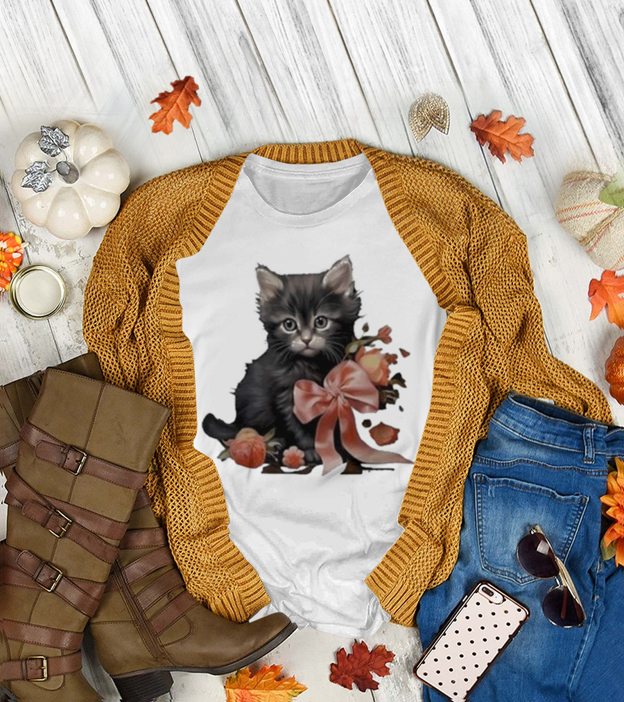Kimchi And Miso Cute Cat With Bow And Flowers T-Shirt