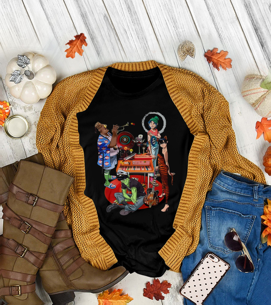 Gorillaz Song Machine Band Characters Keyboard and Trombone T-Shirt