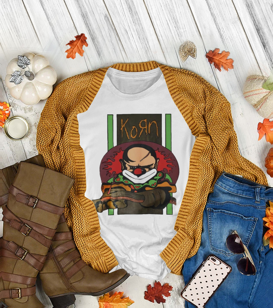 Korn Clown Vintage Evil Clown with Red Nose and Stitched Head T-Shirt
