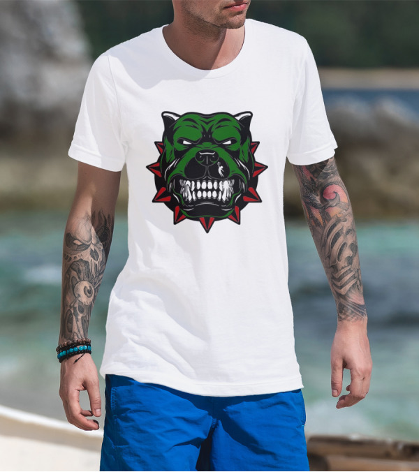 Angry Pitbull With Green Face And Red Spiked Collar Merry Christmas T-Shirt