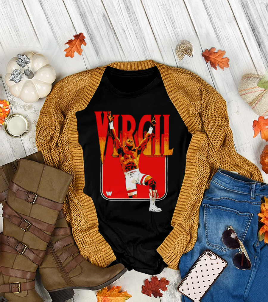 Virgil Wrestling Iconic Pose with Red Background and White Boots T-Shirt
