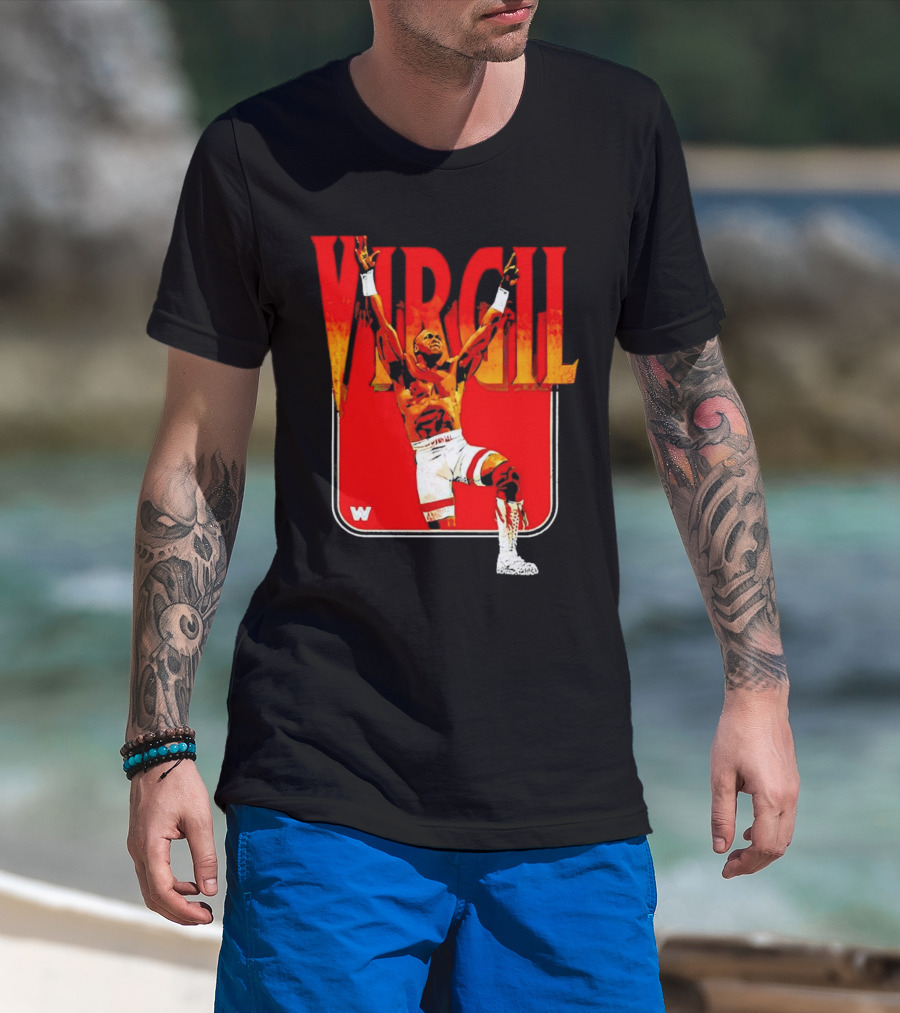 Virgil Wrestling Iconic Pose With Red Background And White Boots T-Shirt