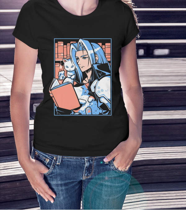 Sephiroth Reading In Basement Library With Cats And Books T-Shirt