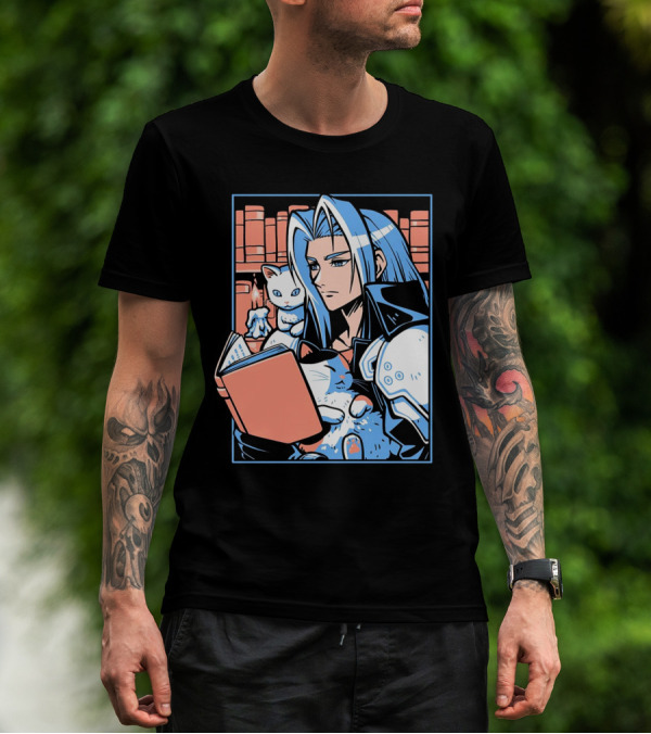 Sephiroth Reading In Basement Library With Cats And Books T-Shirt
