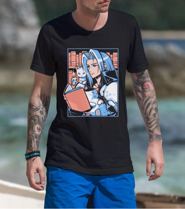 Sephiroth Reading In Basement Library With Cats And Books T-Shirt