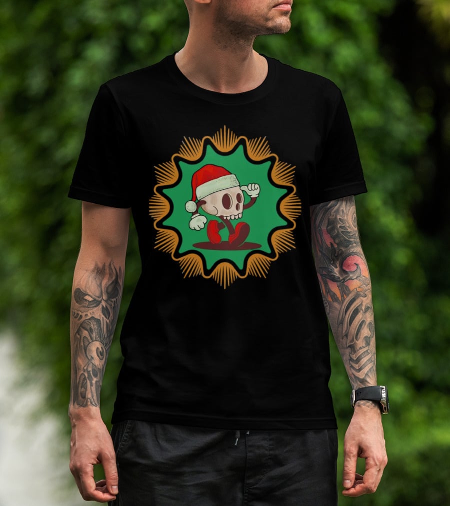 Skull Santa In Vintage Christmas Hat Badge T-Shirt