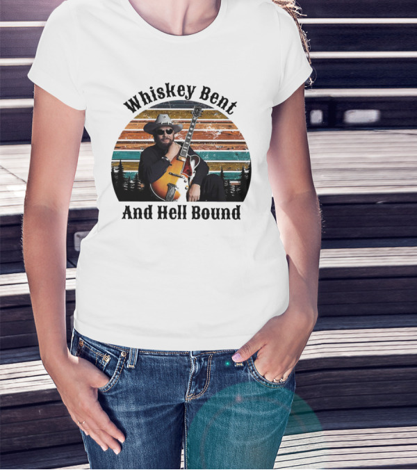 Whiskey Bent And Hell Bound Cowboy With Guitar Retro Sunset T-Shirt
