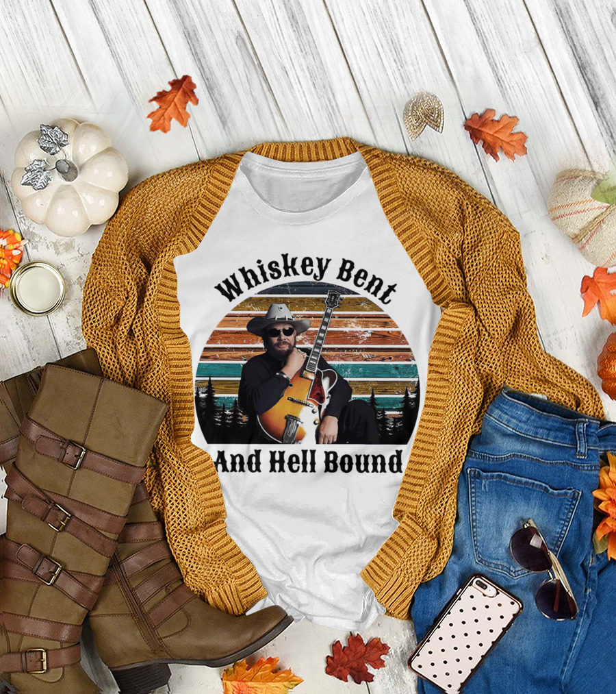 Whiskey Bent and Hell Bound Cowboy with Guitar Retro Sunset T-Shirt