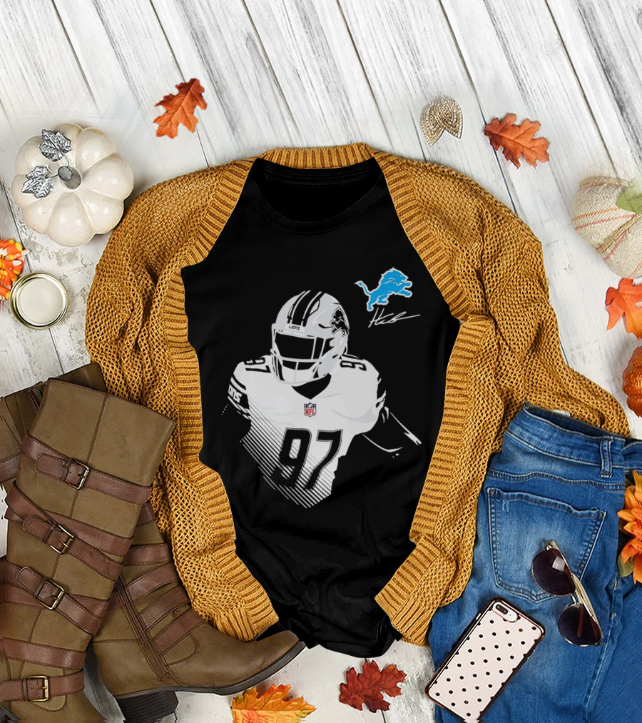 Aidan Hutchinson #97 Detroit Lions NFL Blue Lion Logo Football Player T-Shirt