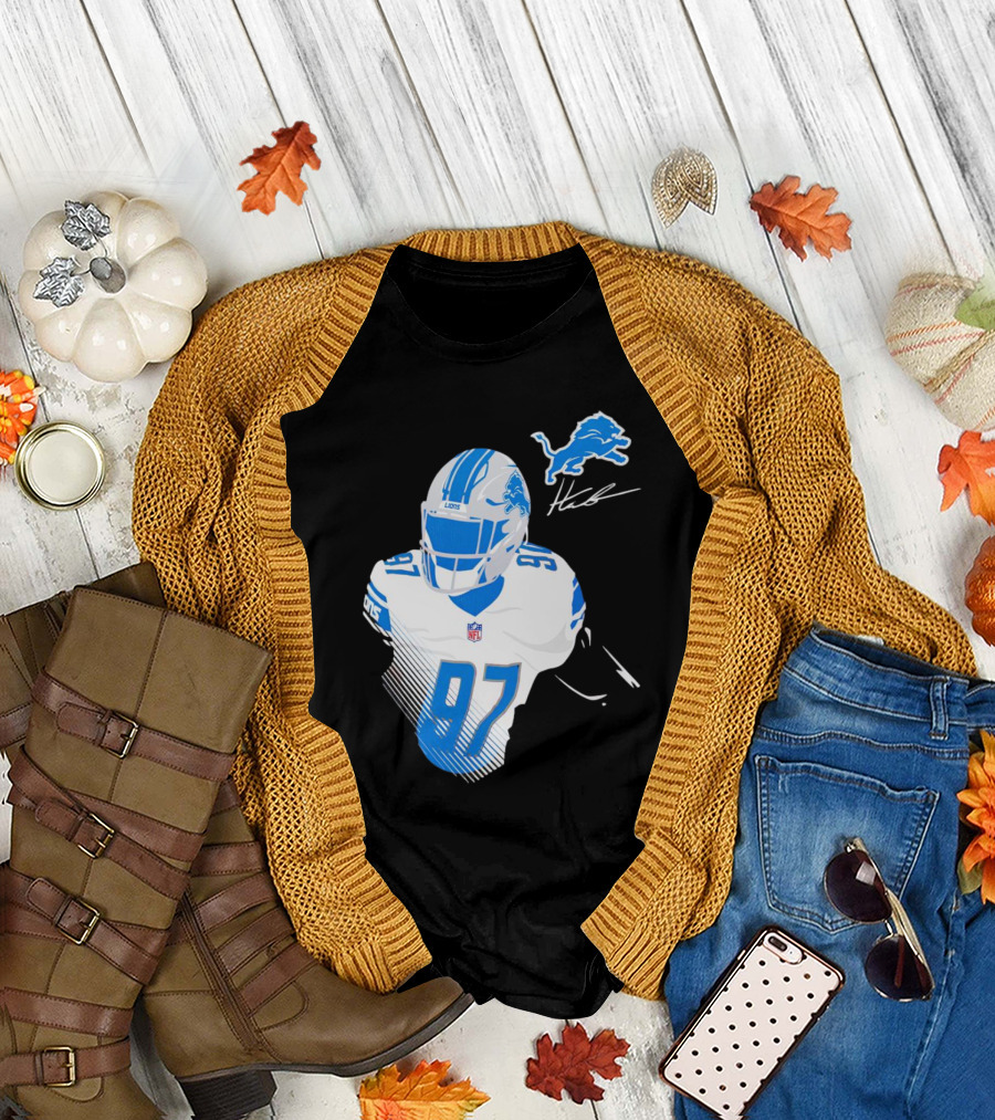 Aidan Hutchinson Detroit Lions Player Signature 97 NFL Logo Lions Helmet T-Shirt