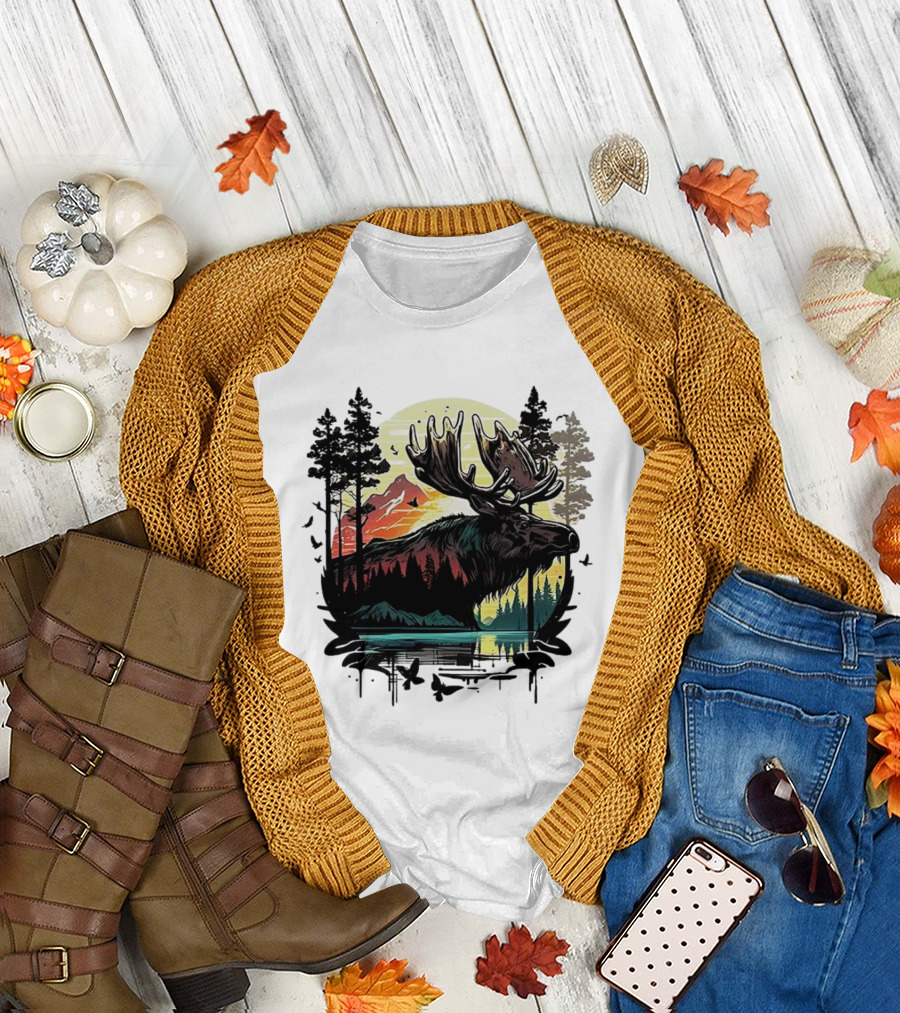 Moose in the Forest with Sunset and Mountain Landscape T-Shirt