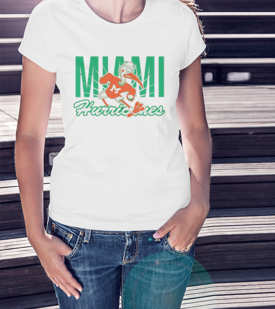 Miami Hurricanes Sebastian The Ibis Mascot With Bold Lettering T-Shirt