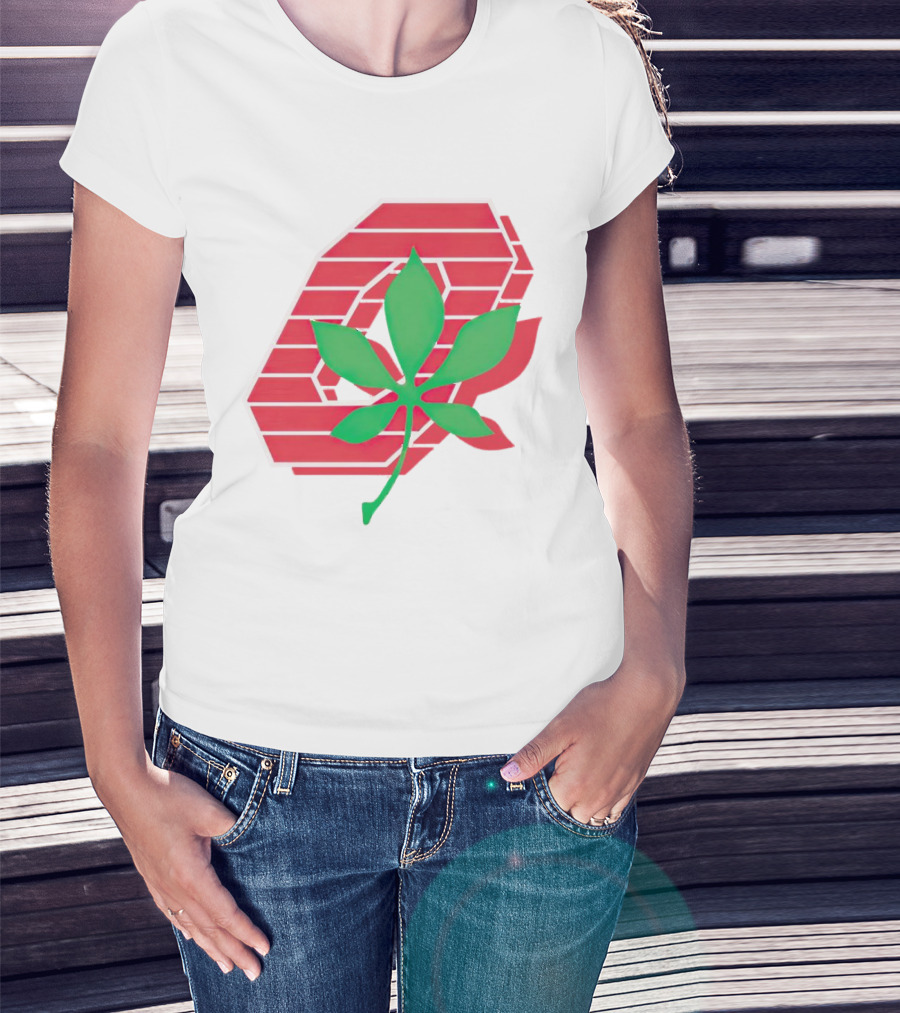 Ohio State Buckeyes Scarlet And Gray O With Green Leaf Emblem T-Shirt