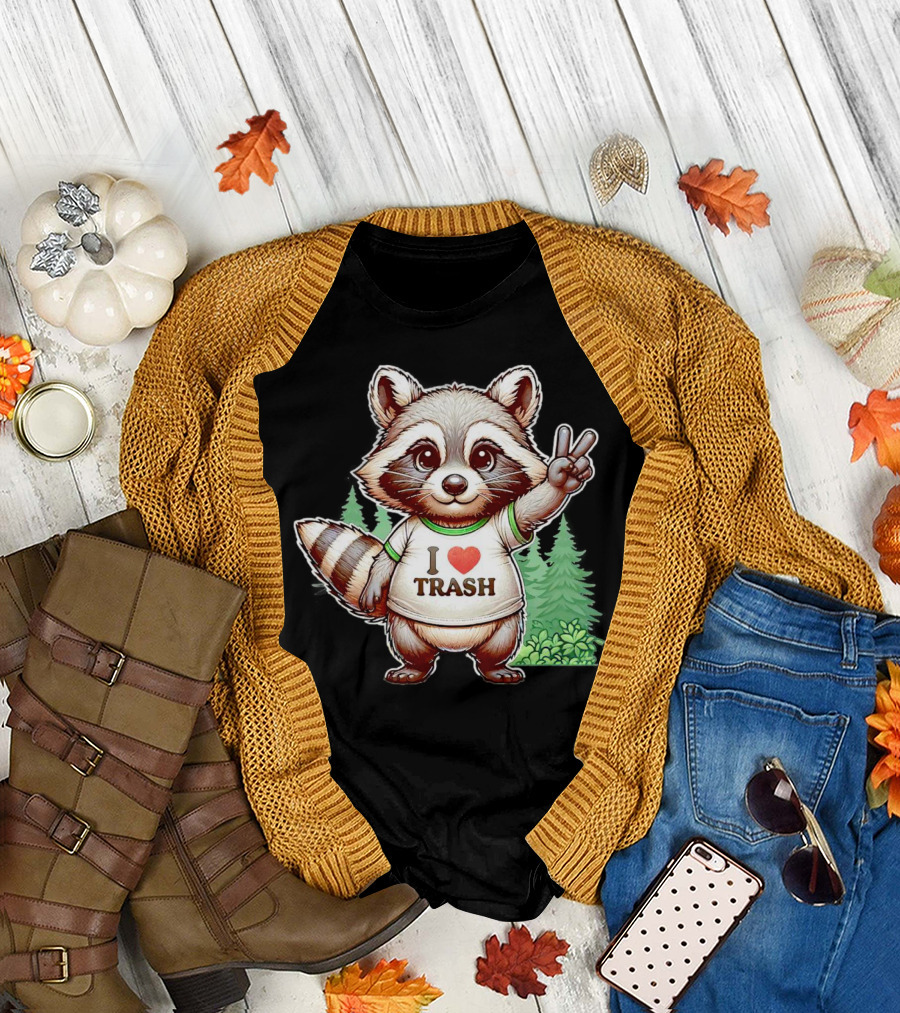 Raccoon I Love Trash Peace Sign in Forest Background T-Shirt