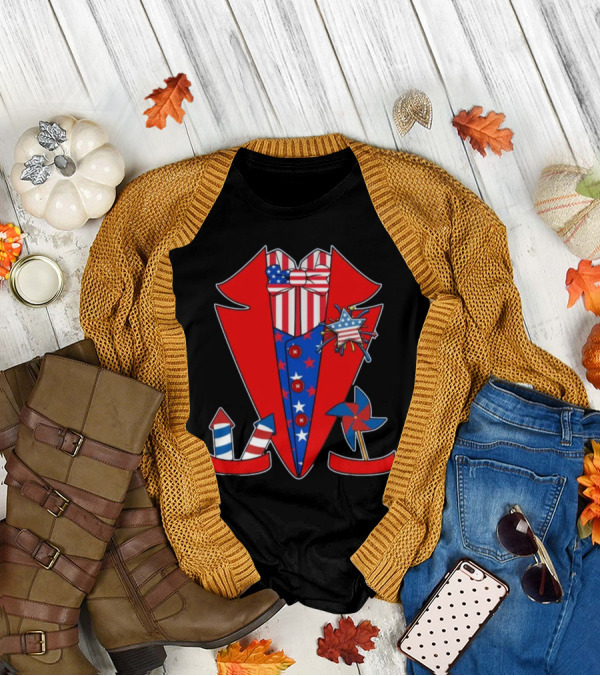 Patriotic Red White Blue Tuxedo With Stars Stripes And Rocket Pinwheels T-Shirt