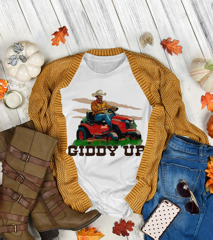 Giddy Up Cowboy on Lawn Mower T-Shirt