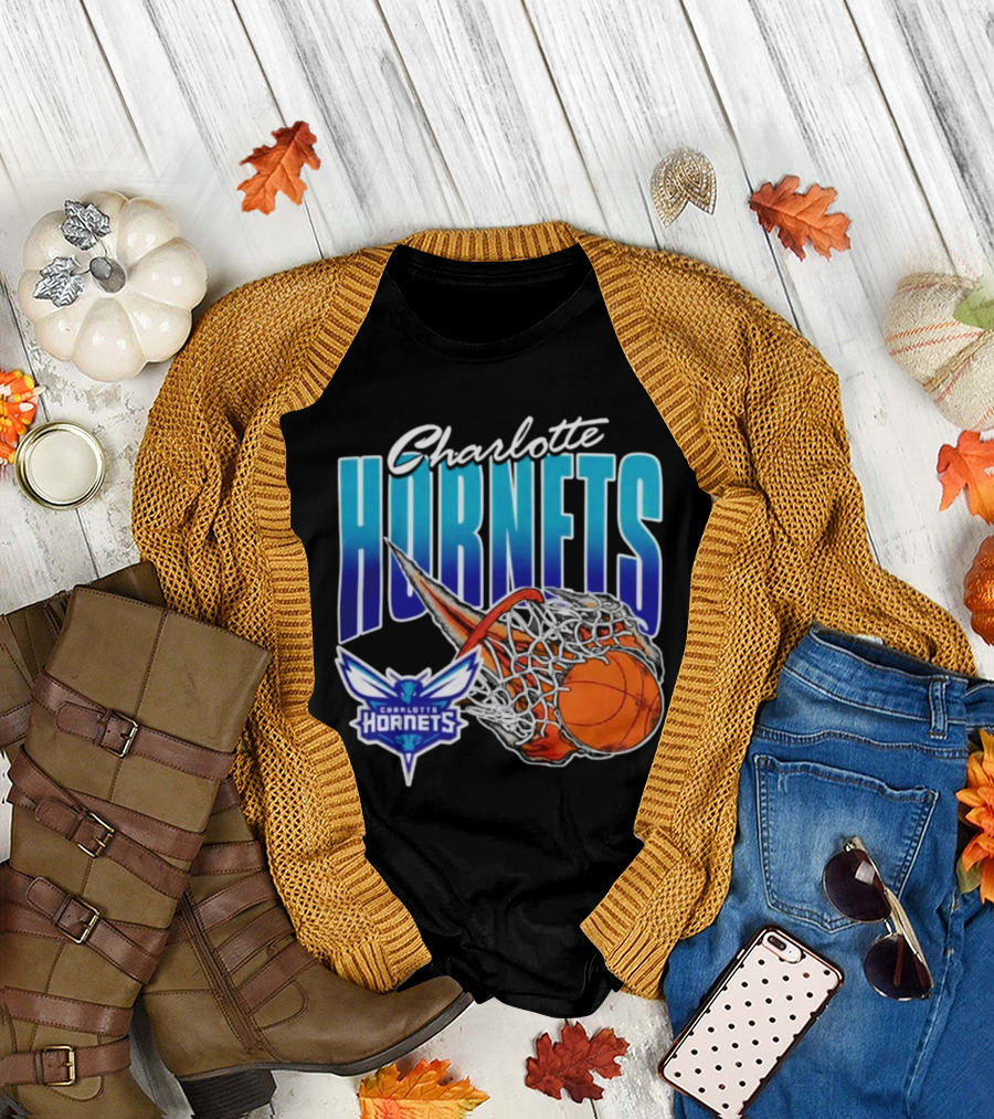 Charlotte Hornets Basketball Fire and Net T-Shirt
