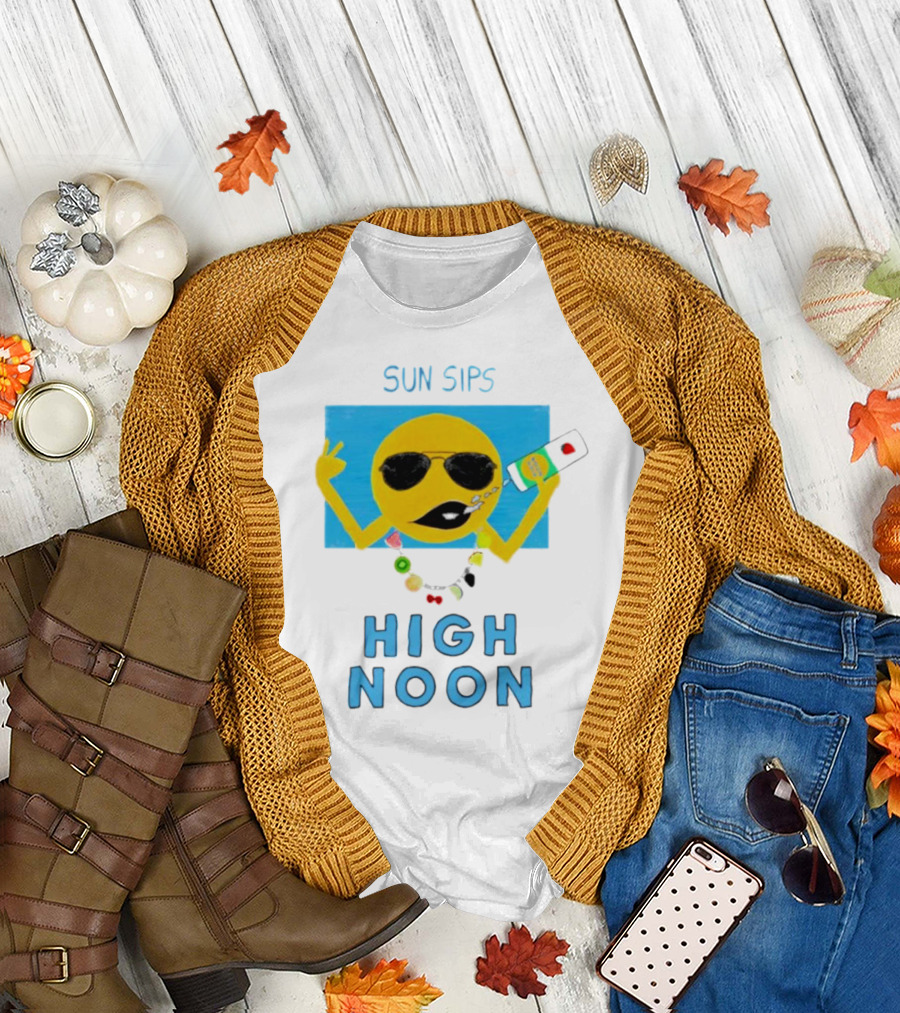 Sun Sips High Noon Emoji with Sunflower Style Glasses and Drink T-Shirt