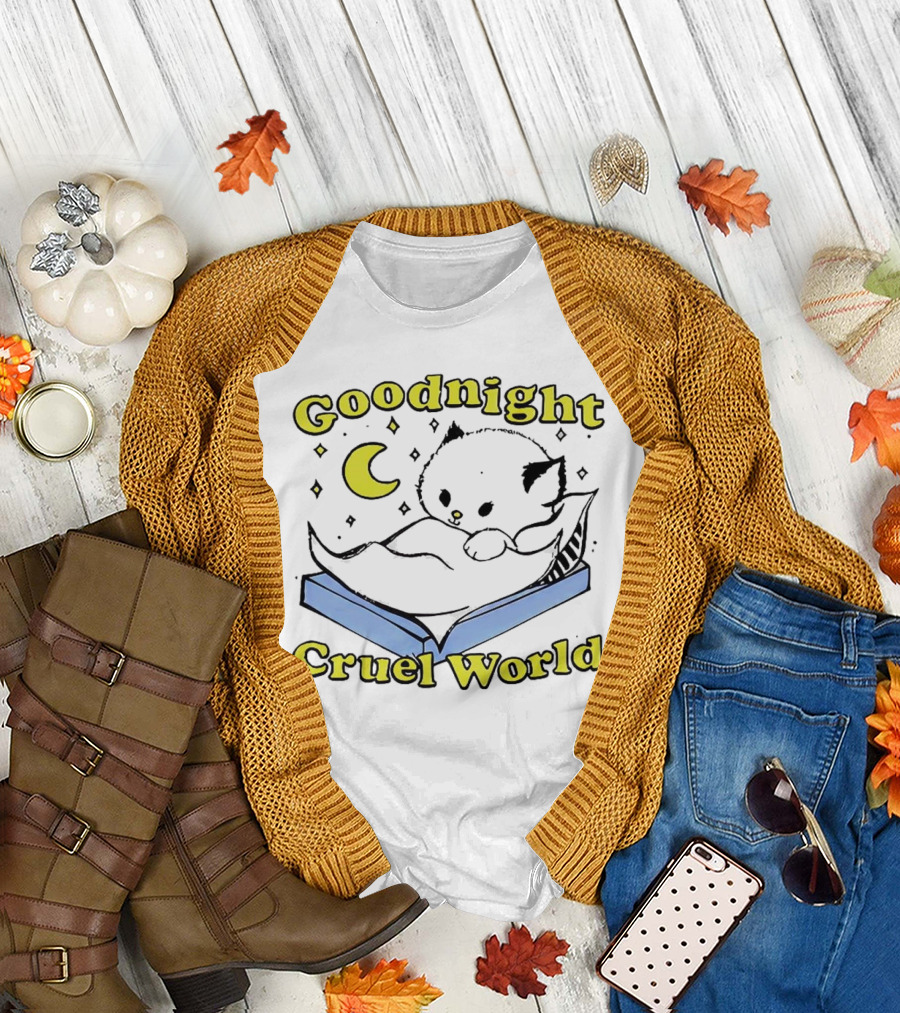 Goodnight Cruel World Cat on Open Book with Moon and Stars T-Shirt
