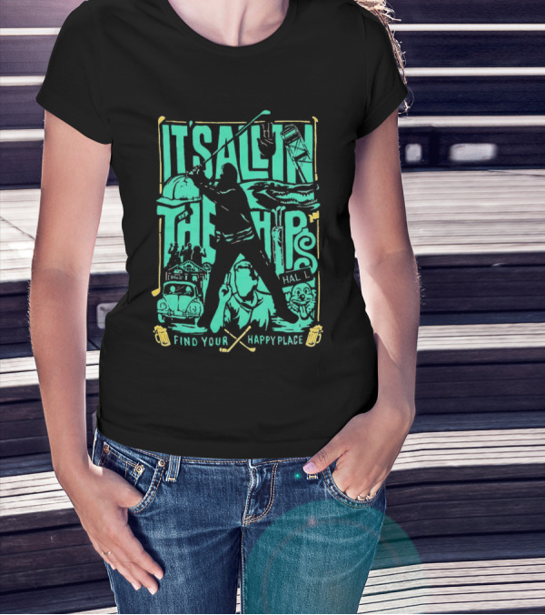It's All In The Hips Happy Place Golf Silhouette Vintage Cars Golfers T-Shirt