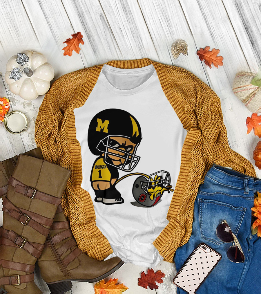 Michigan Wolverines M Football Player Pissing on Ohio State Helmet with O T-Shirt
