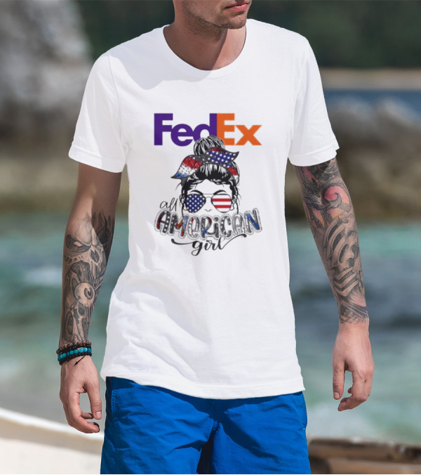 FedEx All American Girl Messy Bun Bandana And Sunglasses With Flag Elements T-Shirt