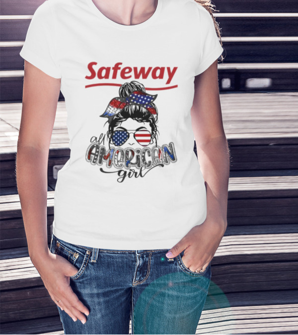 Safeway All American Girl Messy Bun Red White Blue Glasses Bandana T-Shirt