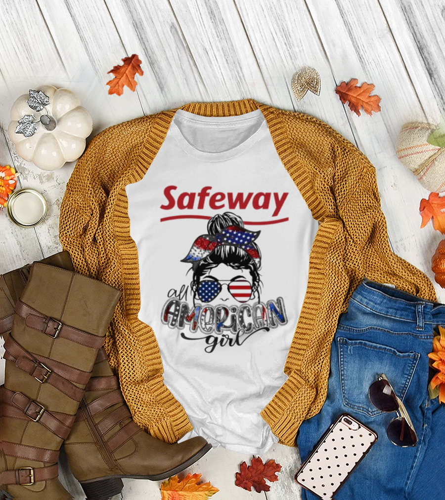 Safeway All American Girl Messy Bun Red White Blue Glasses Bandana T-Shirt