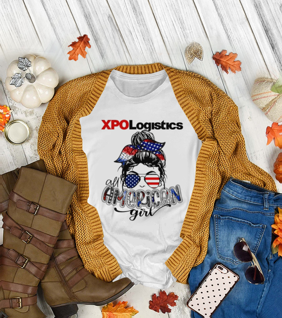 XPO Logistics All American Girl Messy Bun Red White Blue Glasses Stars Stripes T-Shirt