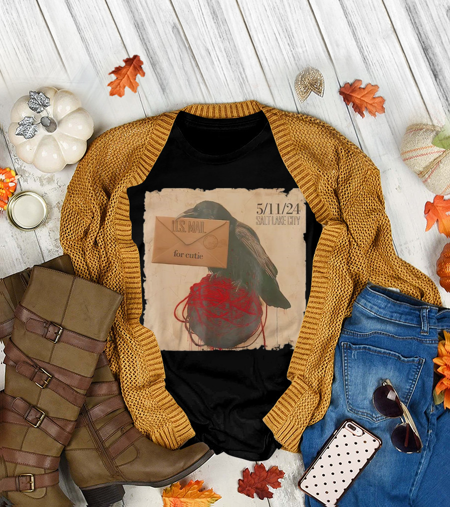 US Mail for Cutie 5/11/24 Salt Lake City Raven with Envelope and Red String T-Shirt