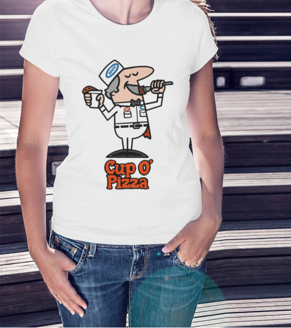 Cup O' Pizza Cartoon Character Eating From A Fork And Cup T-Shirt
