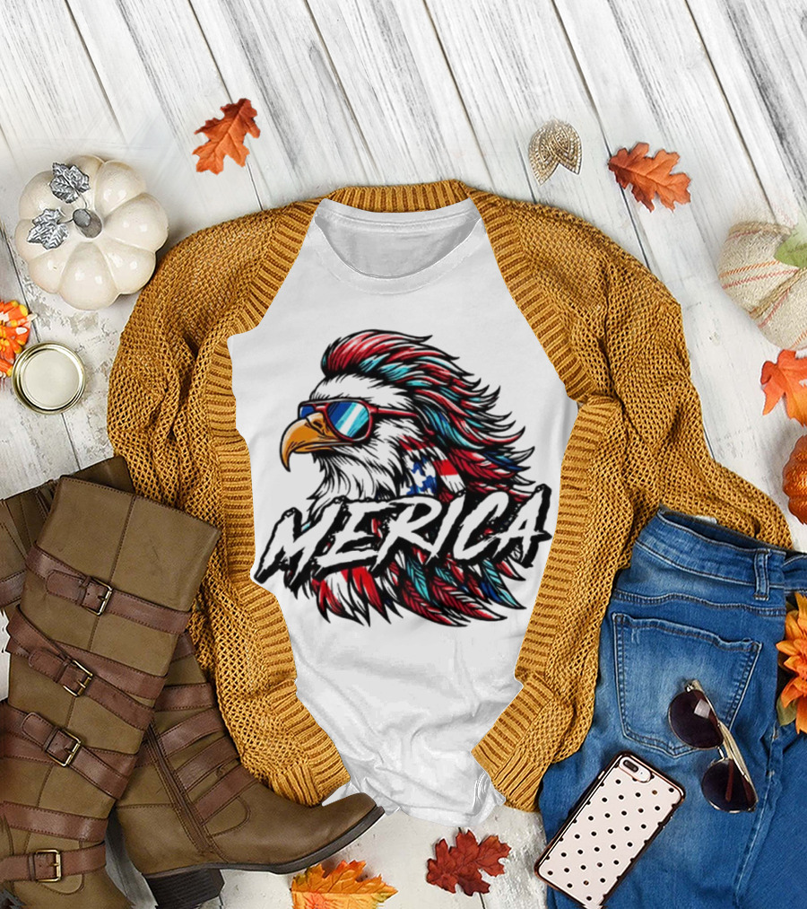 Merica Mullet Eagle with Patriotic Sunglasses and Americana Colors T-Shirt
