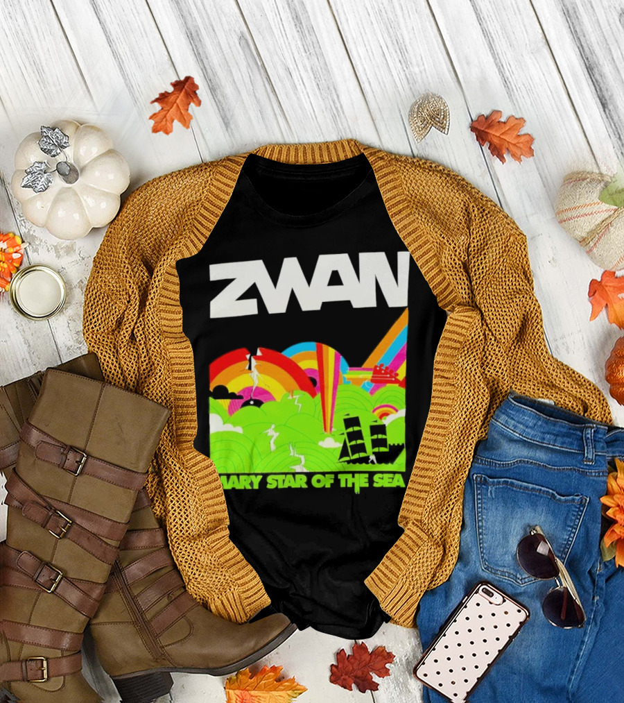 Zwan Mary Star of the Sea Rainbow Waves Sailboat T-Shirt